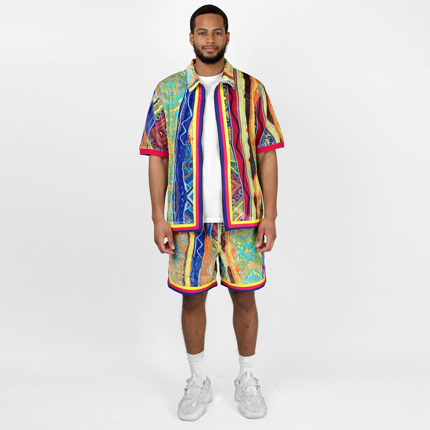 COOGI Bali - Printed Velvet Zip Up Short Sleeve Top