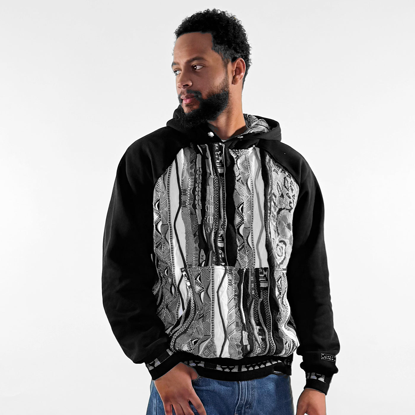 New - COOGI Sweater Pieced Fleece Hoody in Black and Gray