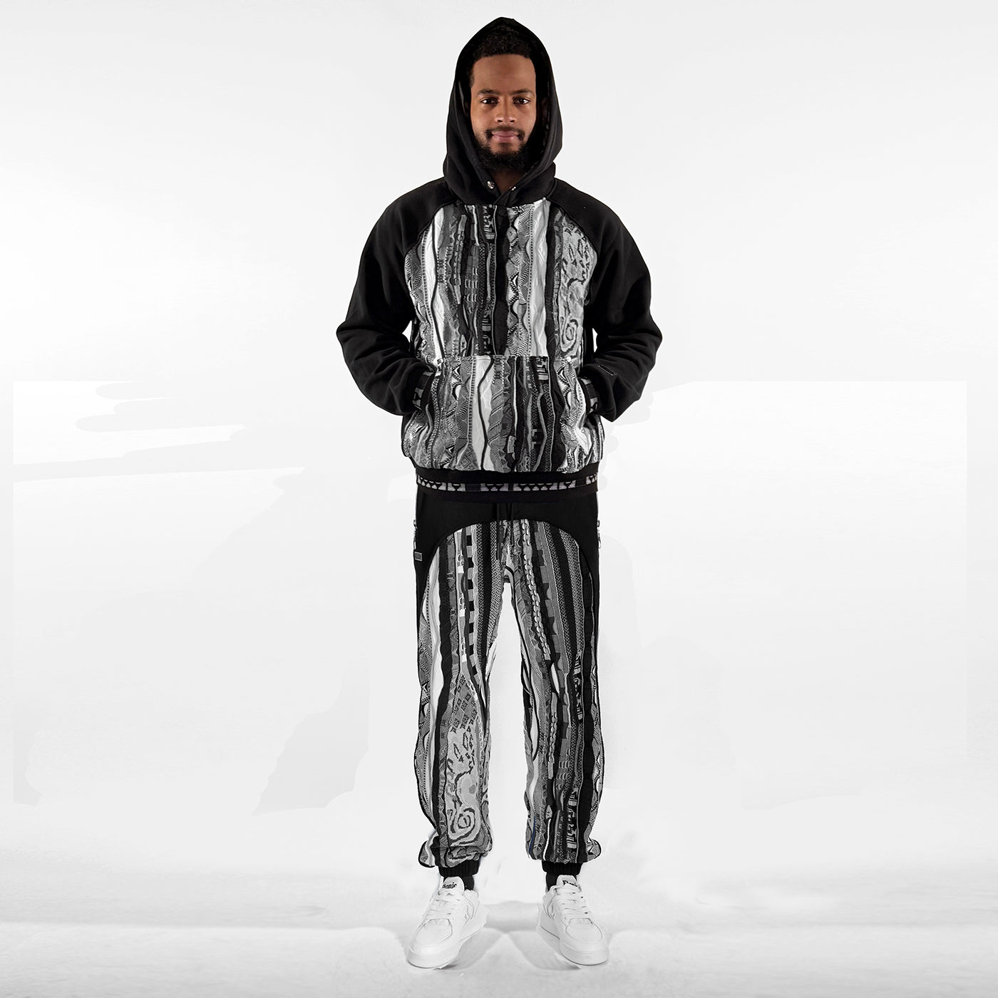 New - COOGI Sweater Pieced Fleece Hoody in Black and Gray
