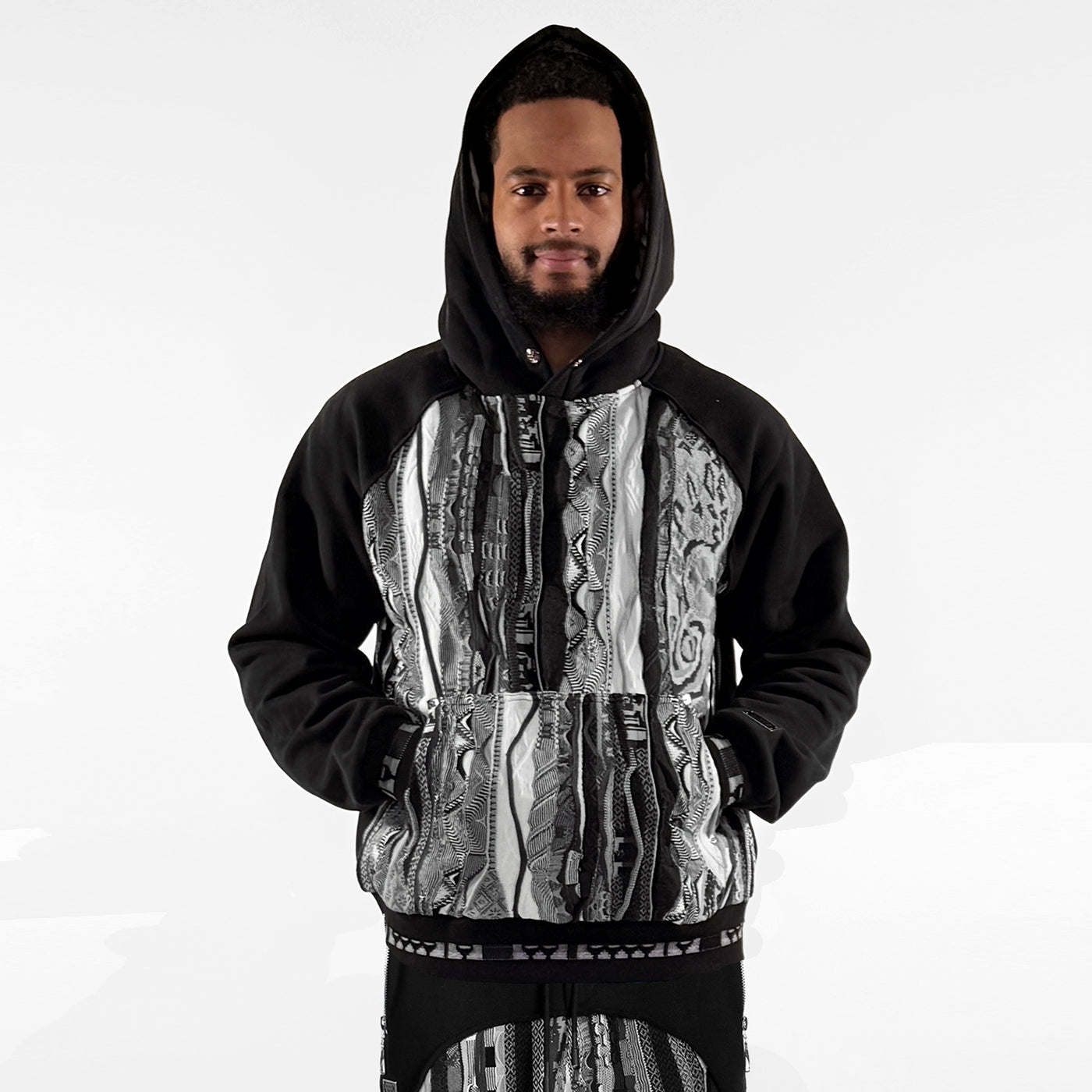 New - COOGI Sweater Pieced Fleece Hoody in Black and Gray