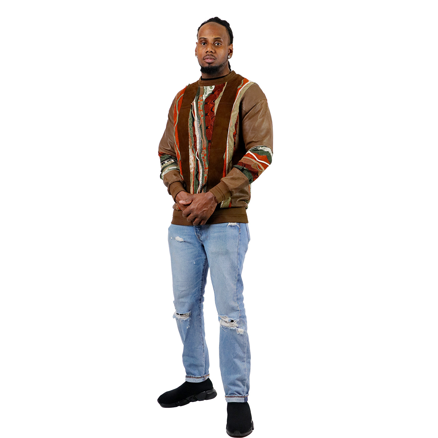 COOGI Leather, Suede and Sweater Pieced Crew - Brown