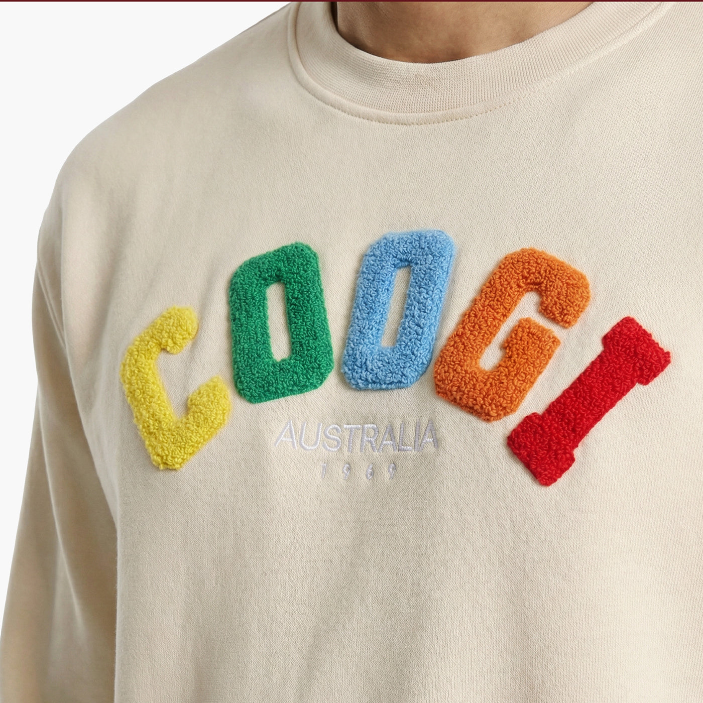 New - COOGI - Block Logo Crew - Oversized - Bone: COOGI Crown Reserve HeavyLuxe Fleece