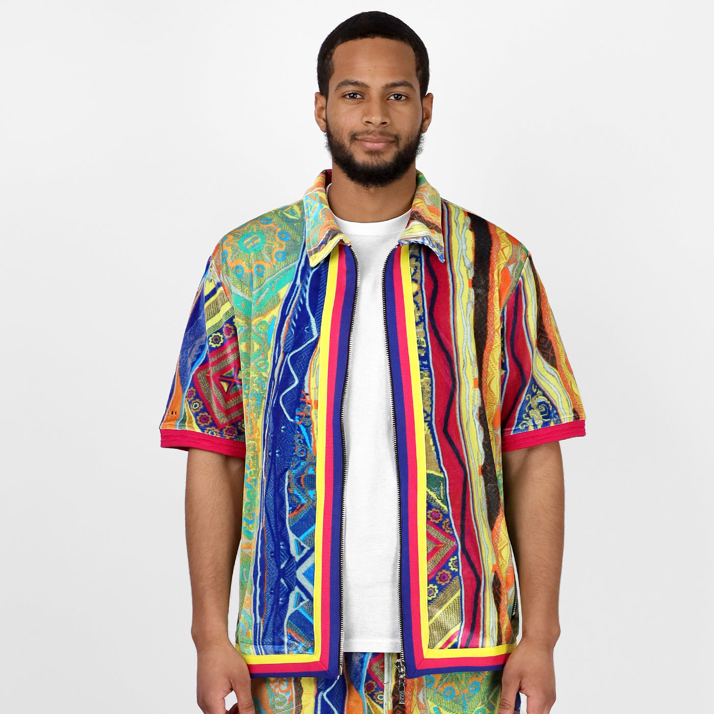 COOGI Bali - Printed Velvet Zip Up Short Sleeve Top
