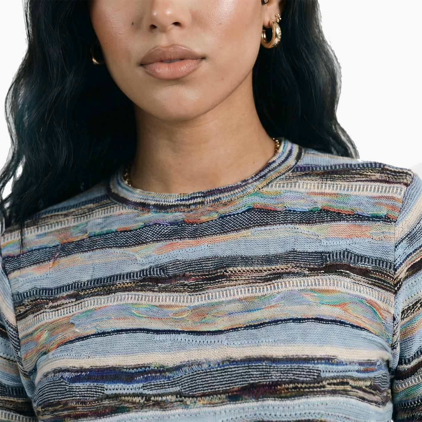 New - COOGI Women's Light Weight Knit LS Top - Blue Multi