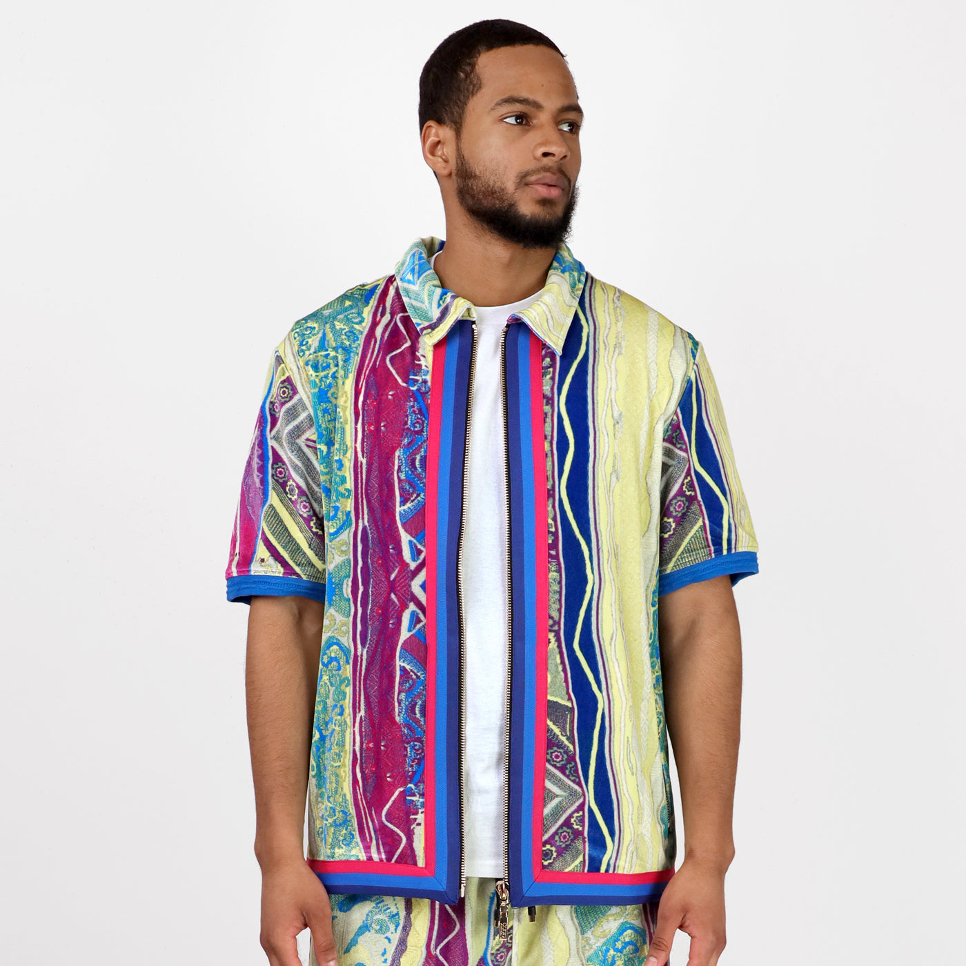 COOGI Lamu - Printed Velvet Full Zip Short Sleeve Top