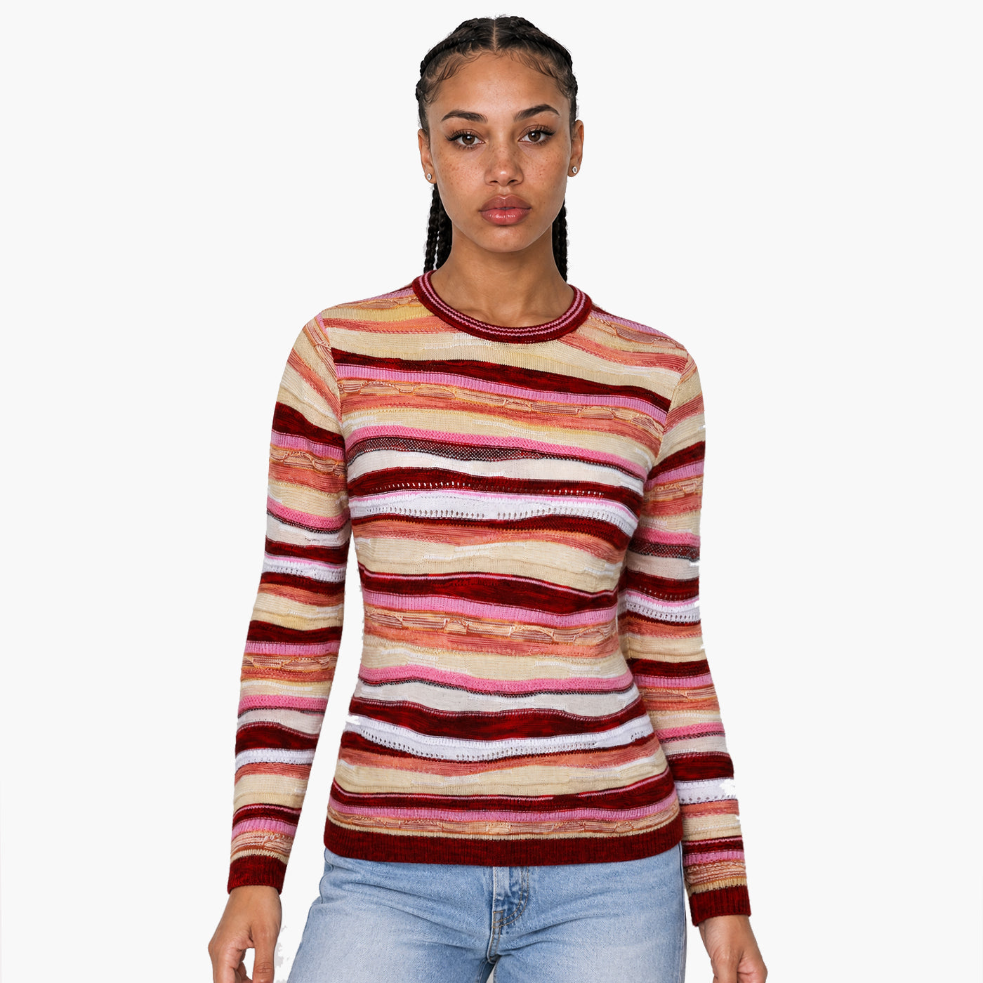 New - COOGI Women's Light Weight Knit LS Top - Pink-Yellow
