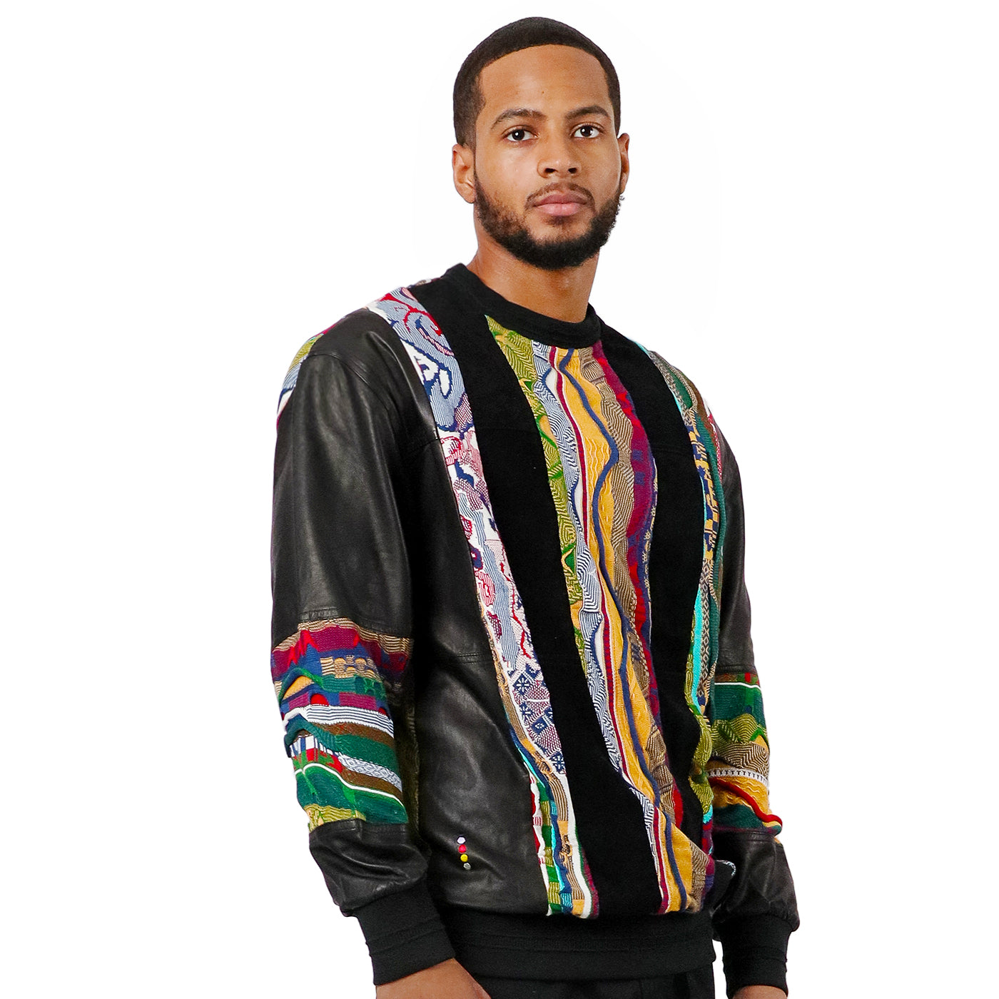COOGI Leather, Suede and Sweater Pieced Crew Black