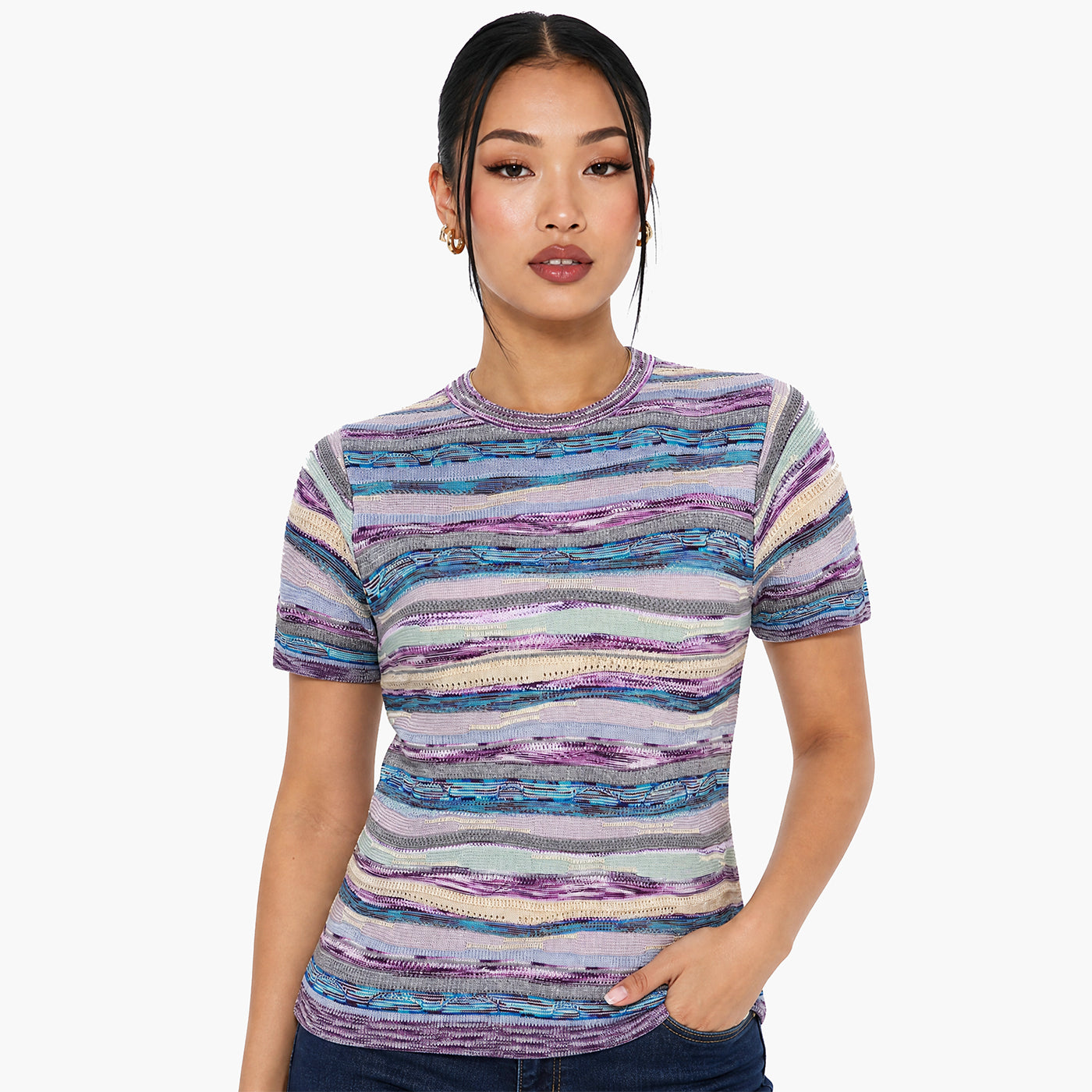 New - COOGI Women's All-Season Short Sleeve Sweater Knit Top - Purple Base