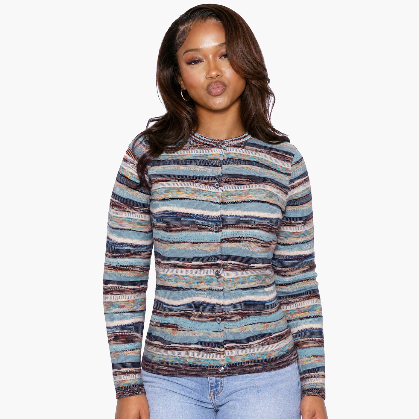 New - COOGI Women's All-Season Sweater Knit Cardigan - Blue Multi